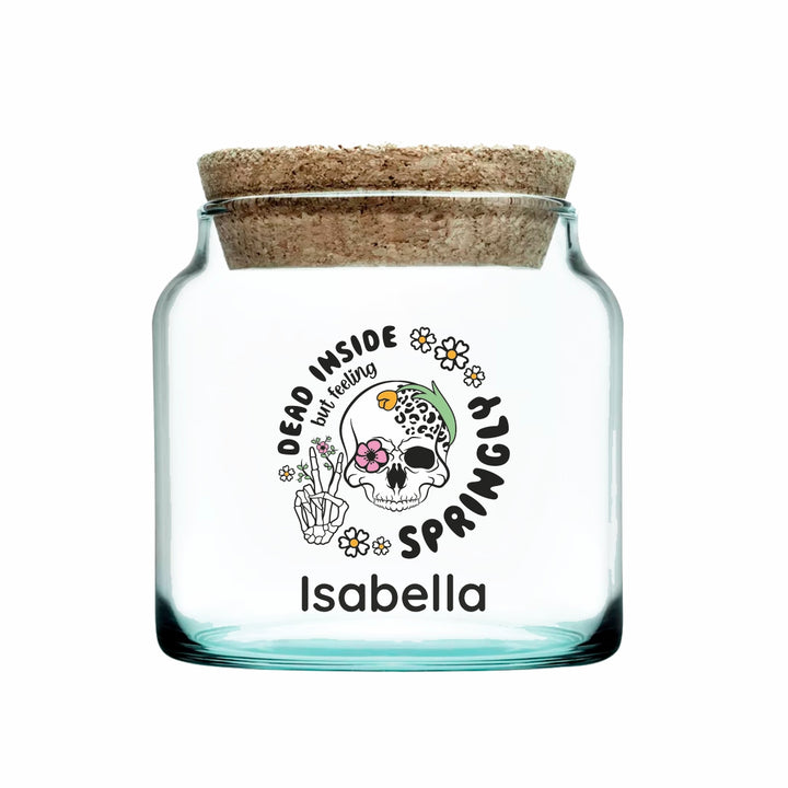 Opbevaringsglas med navn og skelet motiv