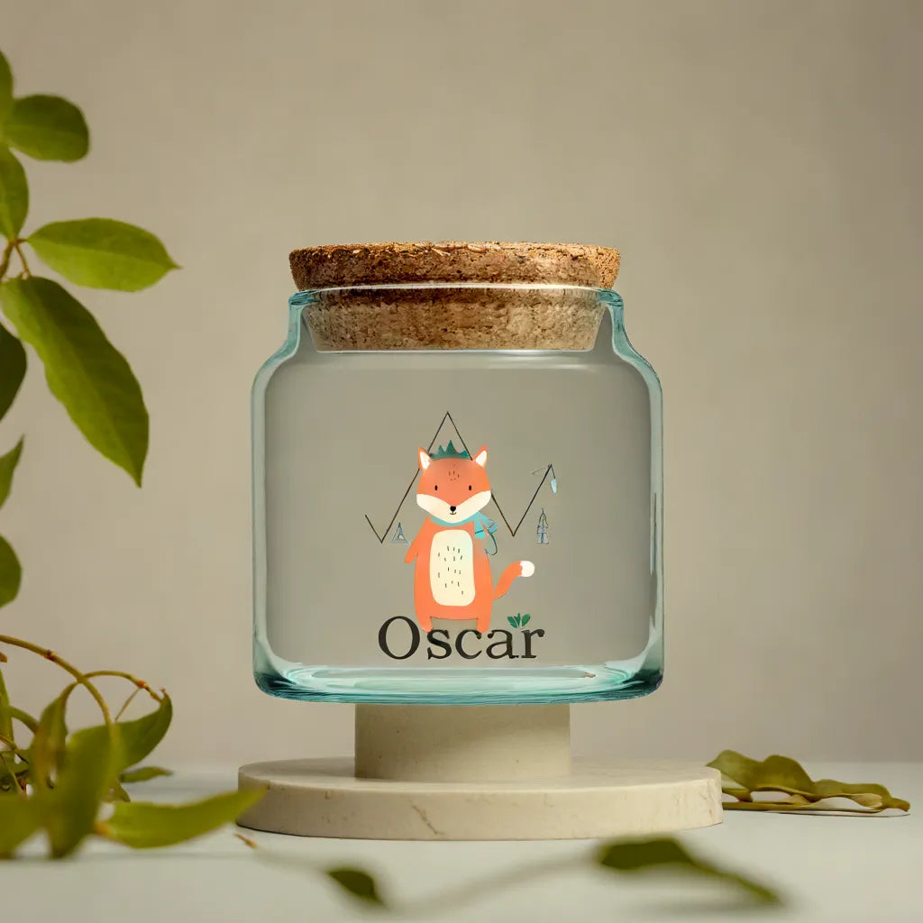 Opbevaringsglas med navn og Ræve motiv