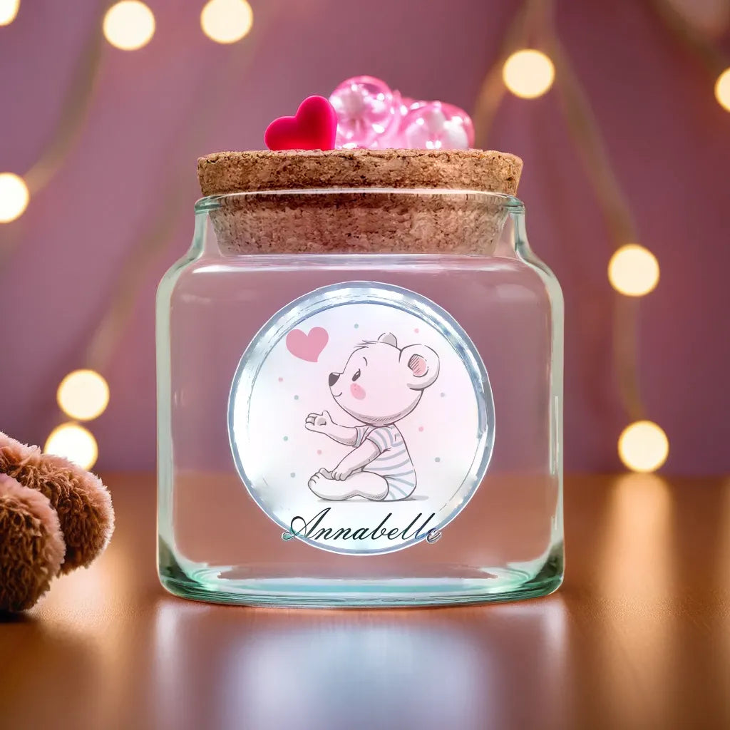 Opbevaringsglas med navn og bamsemotiv